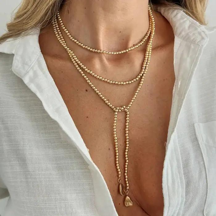 KunJoe mode couleur or amour coeur pendentif collier femmes Vintage chaîne de perles Long collier pu