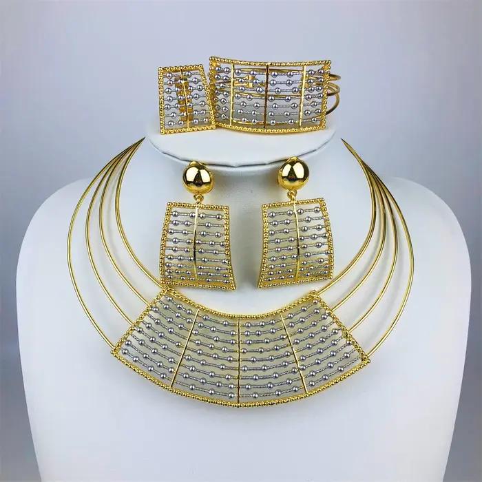 Ensemble de bijoux géométriques deux tons pour femmes, 4 pièces, collier épais, boucles d'oreilles, Bracelet, bague, cadeaux de fête de mariage