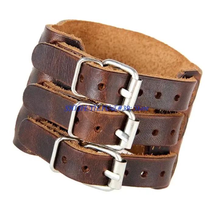 Bracelet manchette en cuir large style punk ajustable avec placage pour homme et femme
