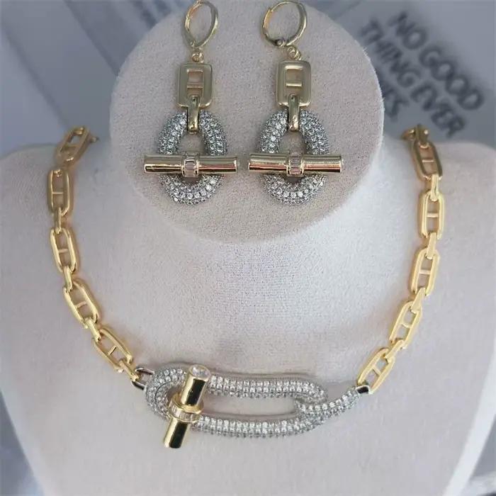 Ensemble de bijoux de luxe en cristal pour femmes, chaîne à clous, boucles d'oreilles, en cuivre plaqué or 18 carats, pour fête, Banquet