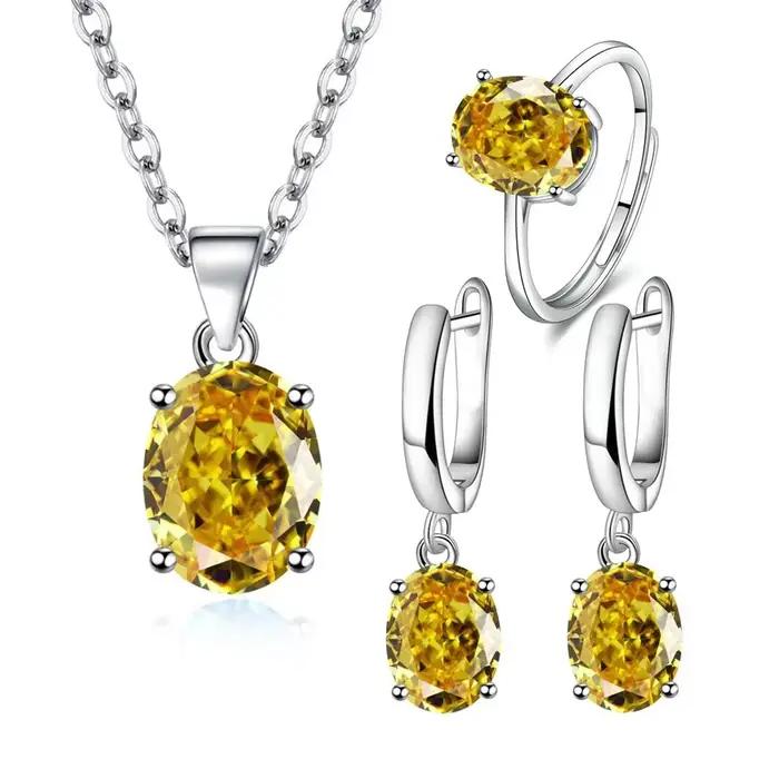 Ensemble de bijoux pour femmes en argent sterling 925 : bague ovale en zircon taillée en diamant, collier, boucles d'oreilles - Accessoires et cadeaux de luxe