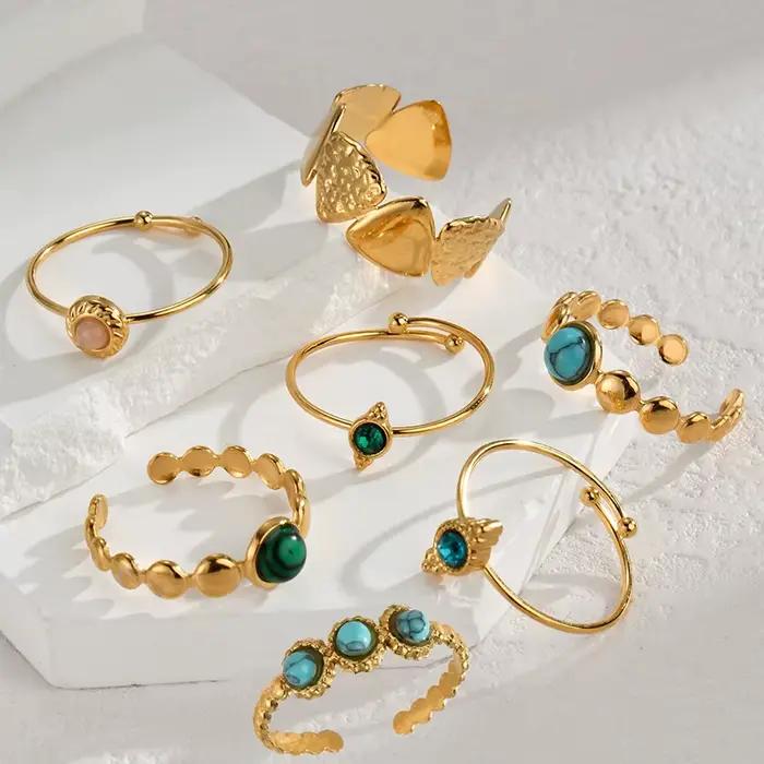 Bague réglable couleur or 14K, plusieurs Styles, en acier inoxydable, pierre naturelle, Turquoise, Zircon, pour femmes et filles, bijoux cadeaux