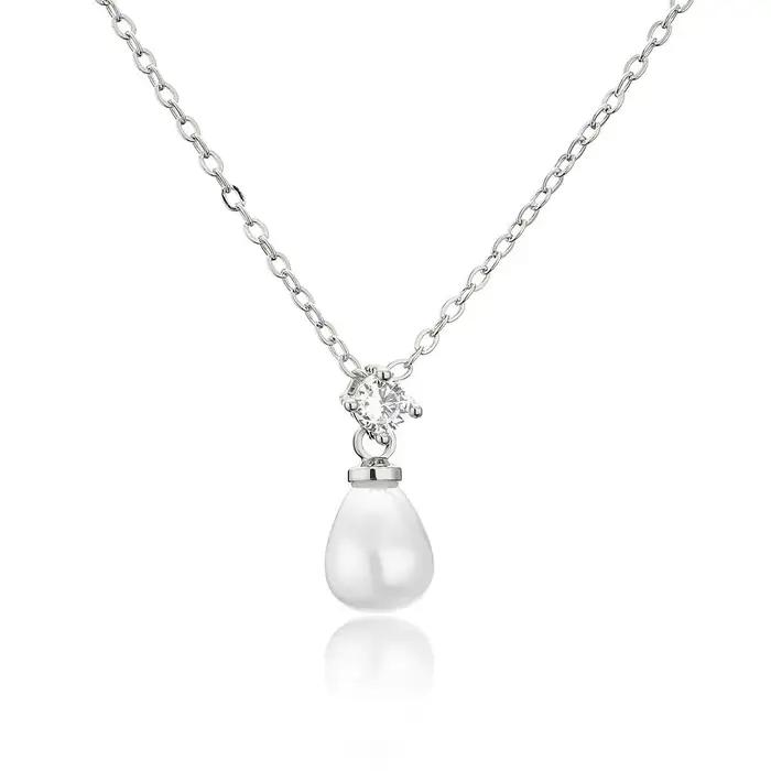 ZAKOL élégant à la mode imitation perle pendentif collier pour les femmes couleur argent zircon coll