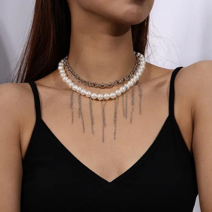 Collier Aihua multicouche à longues pampilles et perles d'imitation pour femme, collier ras-du-cou tendance avec perles, bijoux de mariage Y2K, cadeaux
