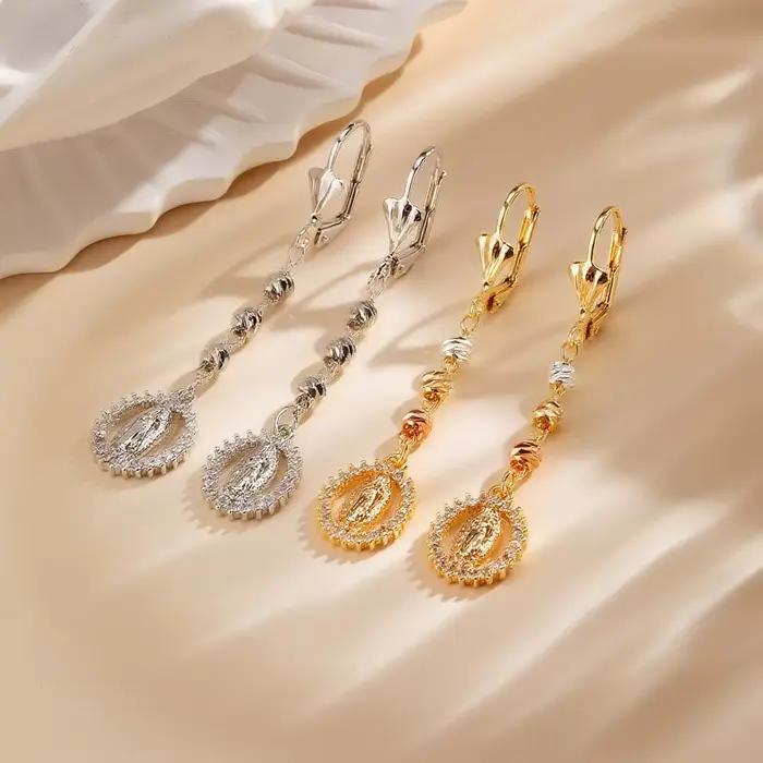 Boucles d'oreilles pendantes vintage religieuses de la vierge marie pour femmes, boucles d'oreilles longues en zircon plaqué or 14 carats, bijoux de prière hypoallergéniques