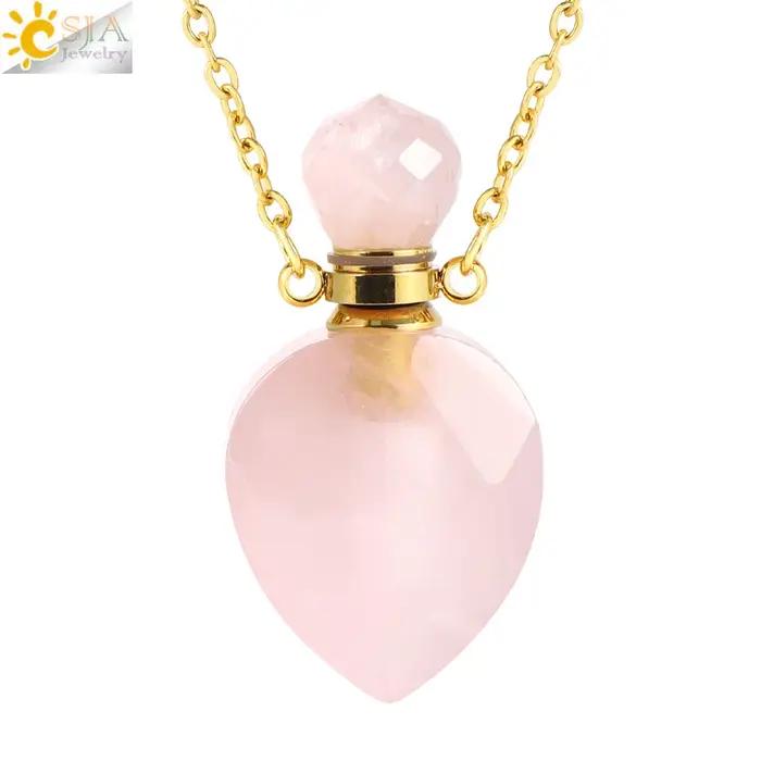 Colliers de la présidence en cristal de bouteille de parfum coeur vintage, pierre précieuse naturelle, pendentif en acier inoxydable, cadeau de la Saint-Valentin, H539