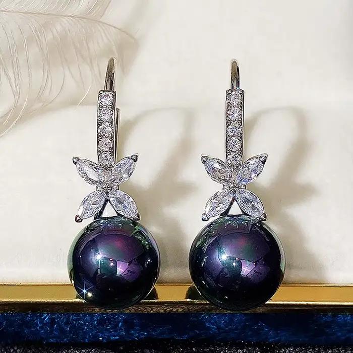 Boucles d'oreilles de luxe en perles noires/violetes pour femmes, en argent Sterling 925 massif, Cube en zircone cubique, crochet d'oreille, bijoux de mariage