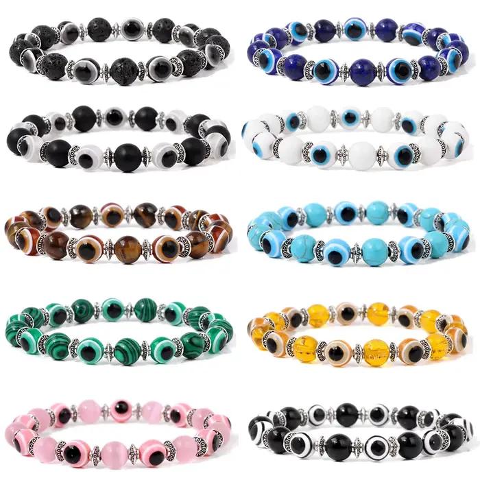 Bracelets mauvais œil colorés faits à la main pour hommes et femmes, bracelets perlés, bijoux élastiques, jaune, rose, noir, bleu, vert, mode