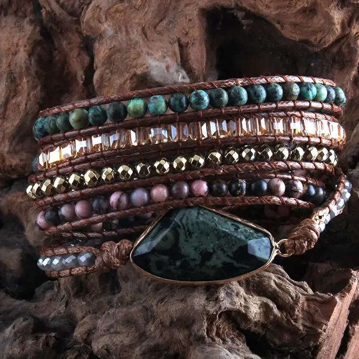 RH mode Boho Bracelet africain Turqu pierres naturelles herbe vert charme 5 brins tissé Bracelets d'enveloppement cadeau livraison directe