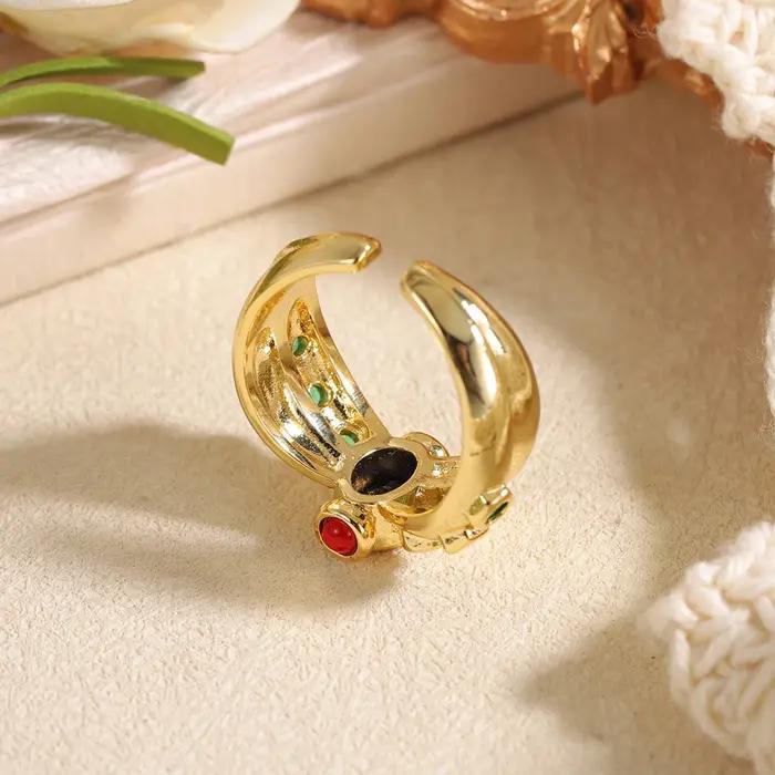 Bague de luxe plaquée or avec pierres précieuses pour femme - Bijou fantaisie incrusté de zircons colorés - Cadeau unique et remarquable