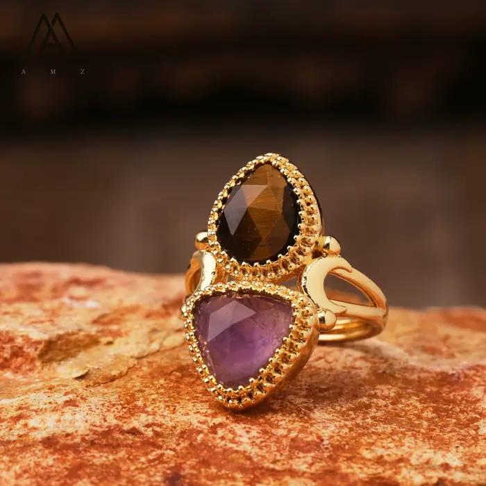 Bague réglable en forme de triangle avec pierres précieuses en cristal naturel, bijoux de mariage de créateur, alanding ysts