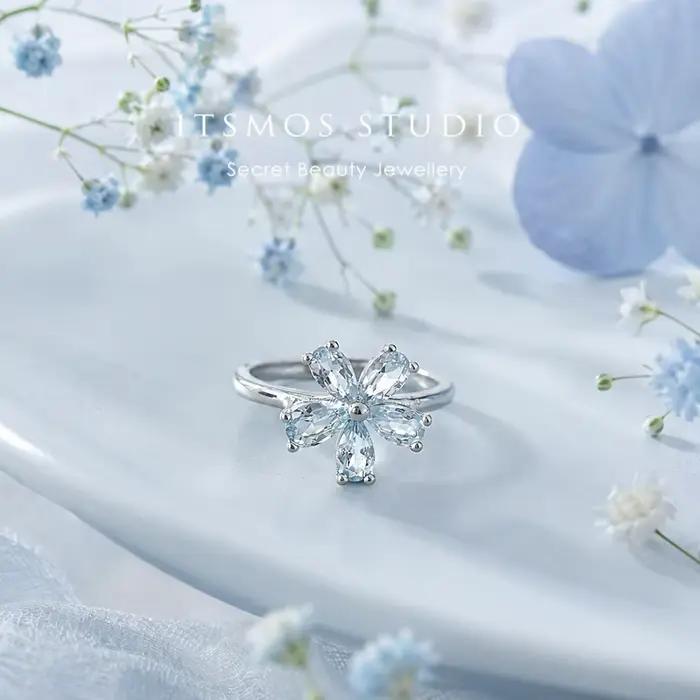 Bague Fleur Topaze Bleue Ciel ITSMOS, Pierre Précieuse Taille Marquise, Grappe Florale Empilable, Bi