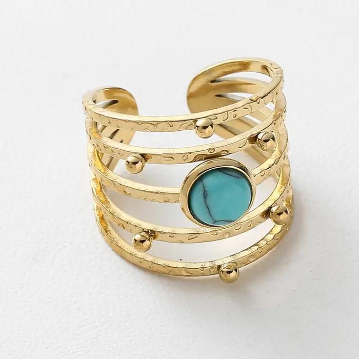 Bague ouverte en pierre naturelle bohème plaquée or turquoise pour femme, avec incrustations en acier inoxydable, pour occasions spéciales et tenues de tous les jours