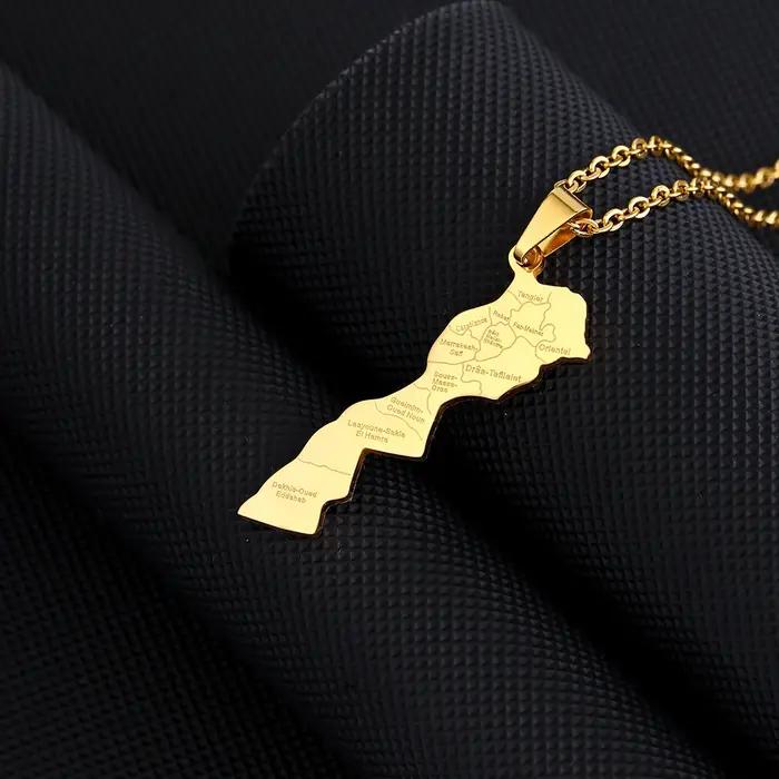 Nouveau Collier Pendentif Carte du Maroc 2026 en Acier Inoxydable pour Femme et Homme, Couleur Or et
