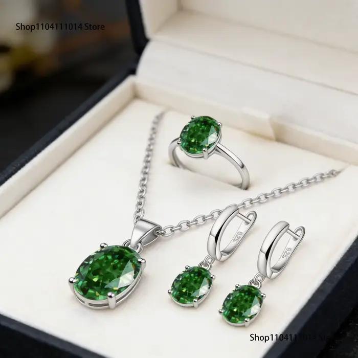 Ensembles de bijoux en argent sterling s925 pour femmes bague en zircon ellipse collier boucles d'oreilles accessoires de luxe pour soirée élégance classique