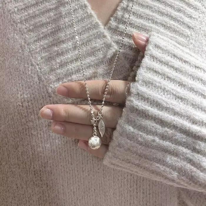 Chaîne de pull boule ronde en argent 925 étincelant, collier de perles étoile brossée scintillante pour femmes, bijoux réglables, cadeau
