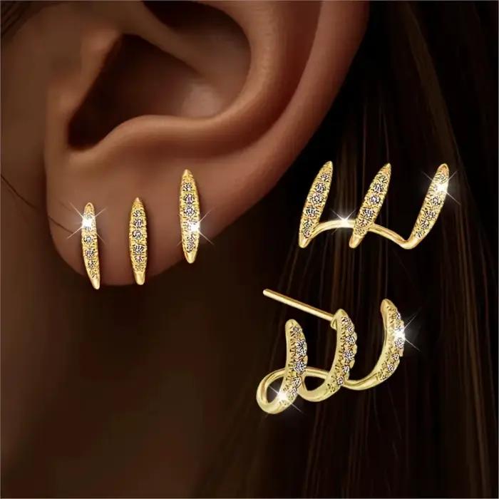 Boucles d'oreilles élégantes à trois griffes en strass pour femmes