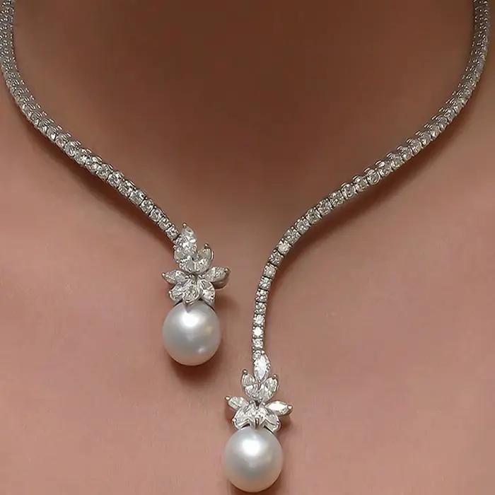 Collier de perles de diamant ouvert à la mode pour femmes, chaîne de clavicule légère en zircone de