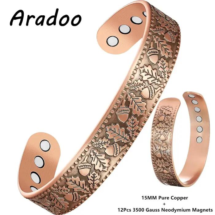 ARADOO – Bracelet manchette magnétique en cuivre pur, mauvais œil, moyen-orient, tournesol et arbre