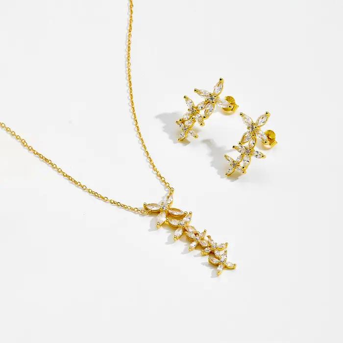 ANDYWEN femmes 925 argent plaqué or fleur CZ Zircon boucles d'oreilles collier de luxe chaîne Fine ensemble de bijoux cadeau de fête de mariage