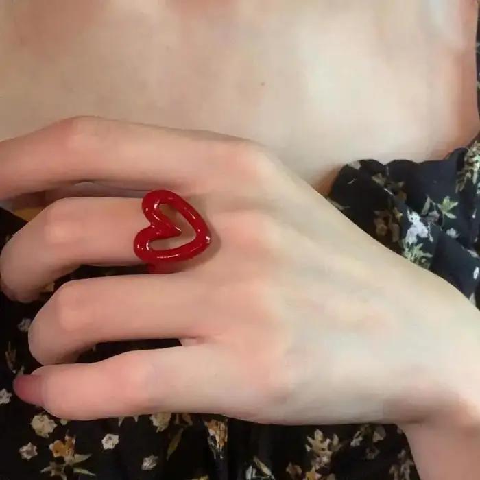 Hiphop Punk rouge émail coeur amour anneaux pour femmes mode géométrique ouvert dégoulinant huile anneau Y2K été Couple bijoux cadeaux