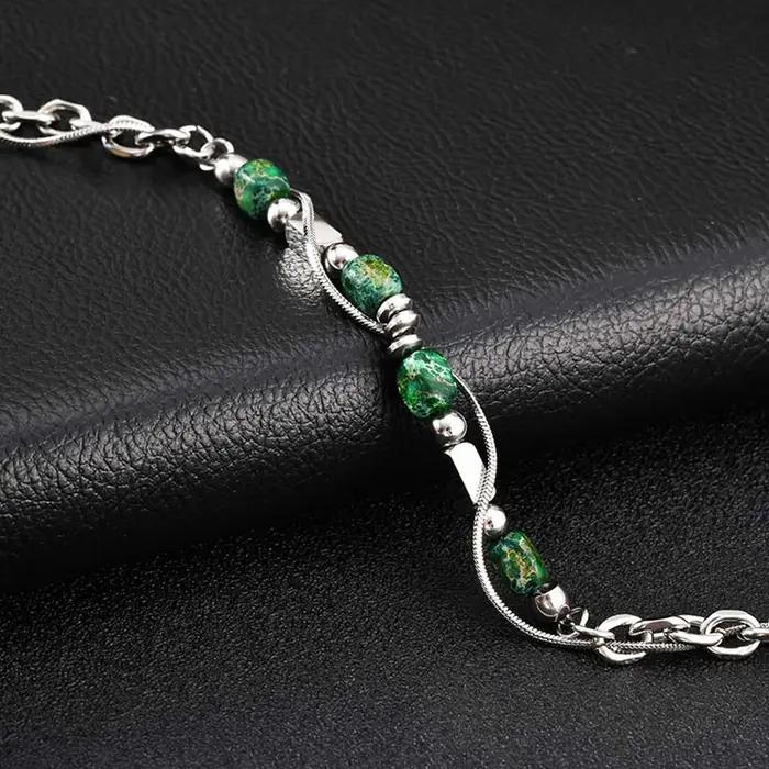 Bracelet en pierre naturelle verte à double chaîne en acier inoxydable pour homme, cadeau mode et durable pour les occasions spéciales