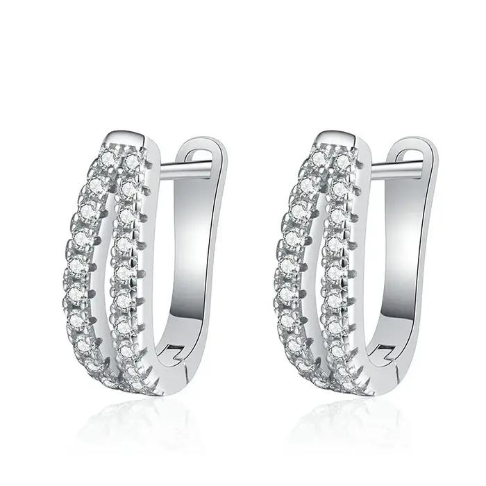 Boucles d'oreilles en argent sterling 925 serties de Moissanite double rangée pour femmes occasions spéciales elegance geometric design