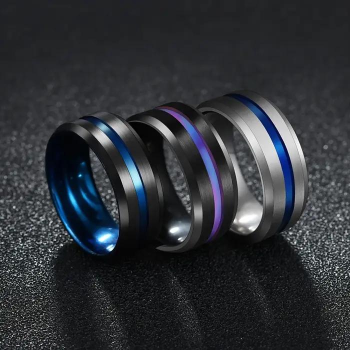 UAGE 8mm bague noire pour hommes femmes rainure arc-en-ciel bandes de mariage en acier inoxydable à la mode anneaux fragiles décontracté bijoux masculins
