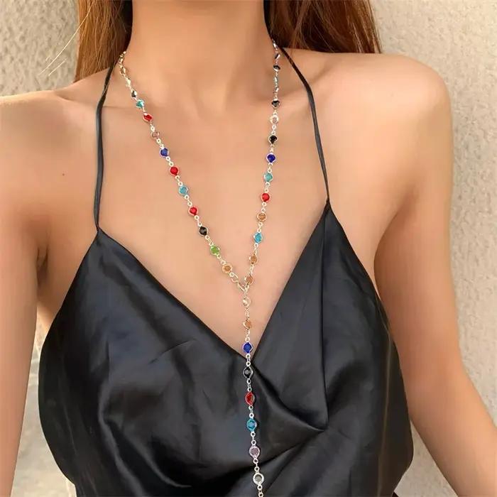 Collier bohème en verre coloré Long en forme de Y, chaîne de clavicule en métal, couleur or argent, fête de vacances d'été, bijoux de corps, cadeaux