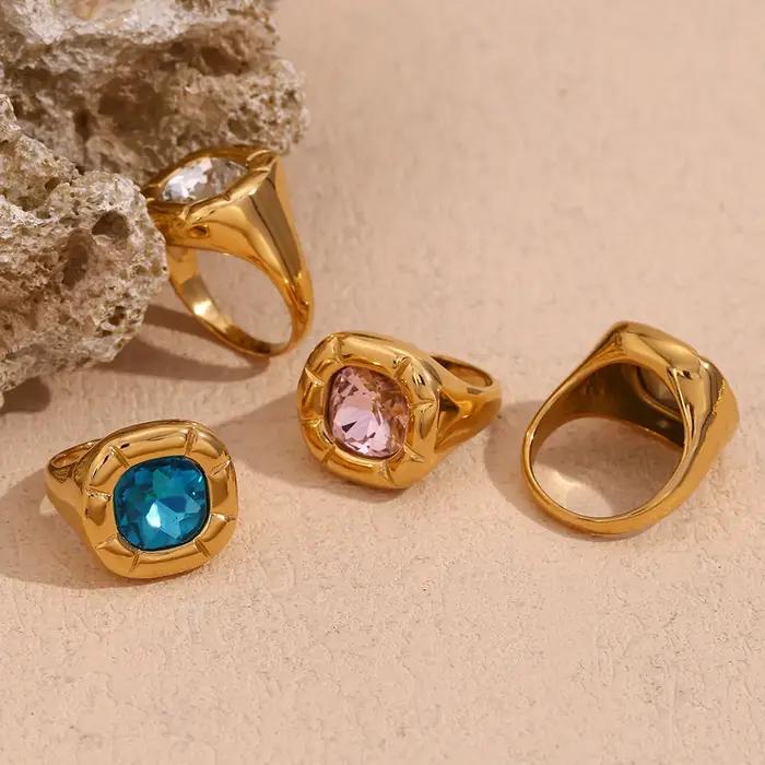 E.B.belle élégant arrondi carré Zircon fleur anneaux plaqué or bague en acier inoxydable femme quotidien étanche bijoux cadeau femmes