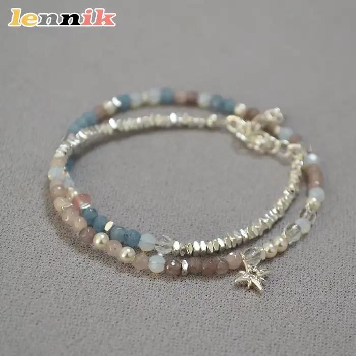 LENNIK – Bracelet en argent Sterling avec perles de pierre blanche, véritable bracelet empilé à Double couche, collier minimaliste et élégant