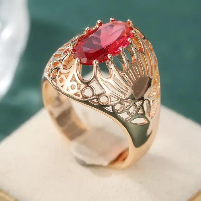 Bague vintage pour femme incrustée de CZ rouge, couleur or tendance, gravée à la main, motif géométrique, pour usage quotidien, bijoux de fête, cadeau d'anniversaire