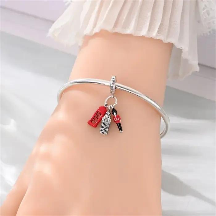 Breloque en argent sterling 925 sertie de zirconium blanc design Big Ben original pour bracelet femme occasions spéciales création DIY