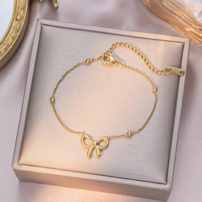 Bracelet à nœud papillon élégant pour femmes et filles, chaîne de perles, bijoux en acier inoxydable, cadeaux