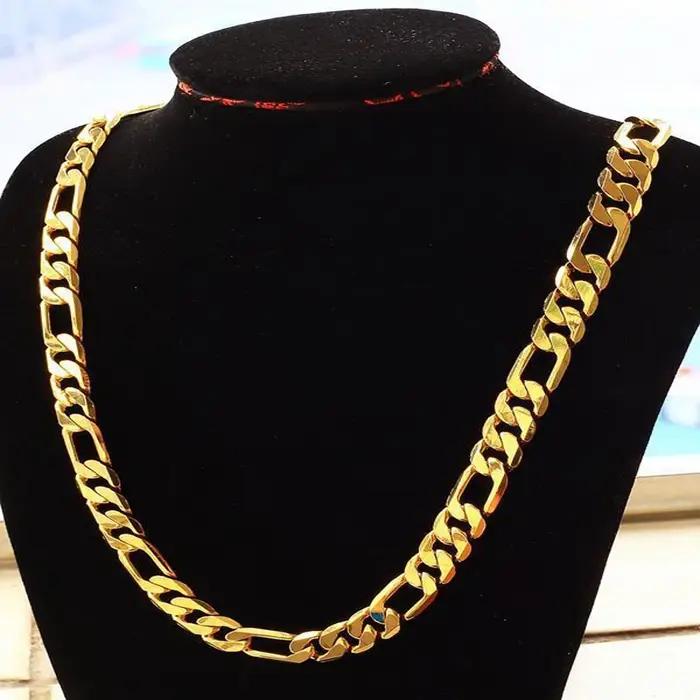 Collier chaîne pour hommes couleur or pur, bijoux, plaqué or 24 carats 10mm, collier chaîne Figaro l