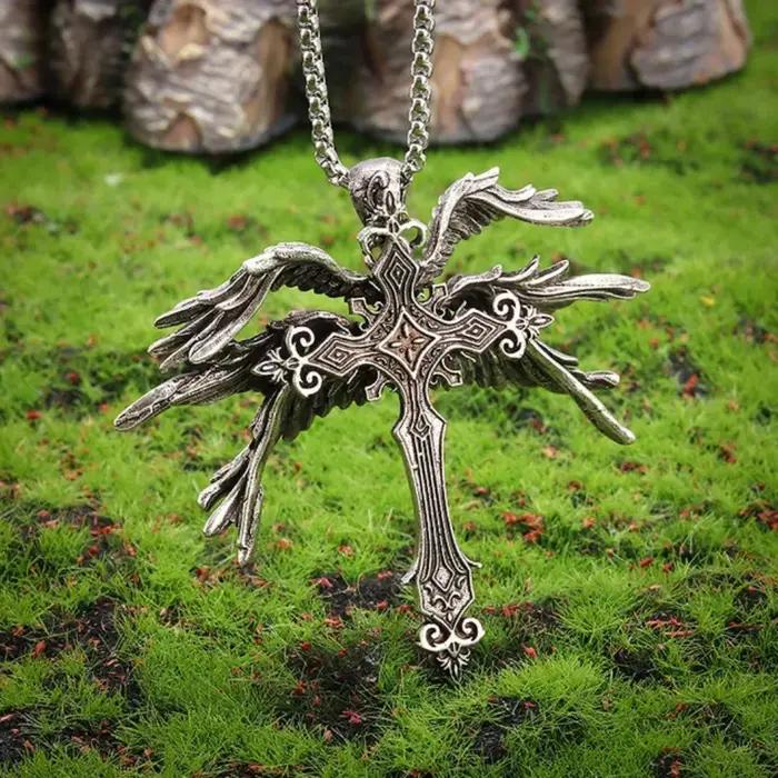 Rétro gothique jésus ailes croix pendentif collier bijoux pour hommes femmes grand Vintage foncé Punk religieux amulette colliers cadeaux