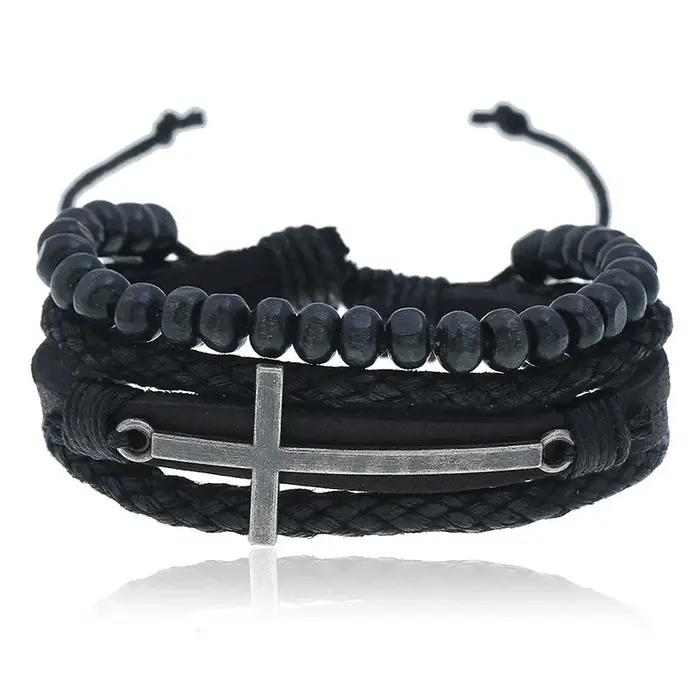 Bracelet rétro à couche croisée pour hommes, Punk noir, cuir de vache tissé à la main, perles réglables, accessoires, bijoux chrétiens