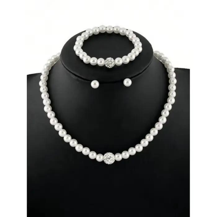 Ensemble de bijoux en fausses perles (collier, bracelet, boucles d'oreilles) – 4 pièces – Cadeau élégant pour les fêtes.