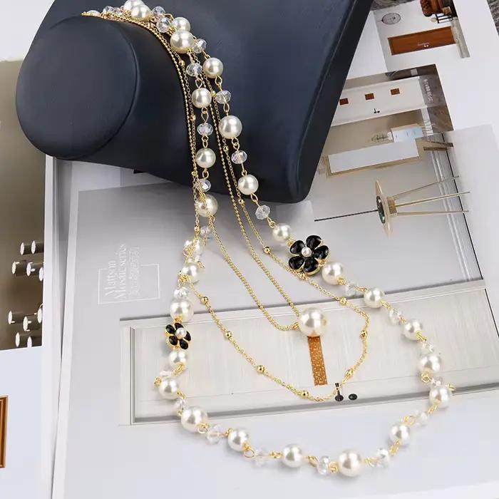 Collier de perles Long et exquis pour femmes, cadeau de mariage, fleur de camélia, bijoux, chaînes de pull en perles