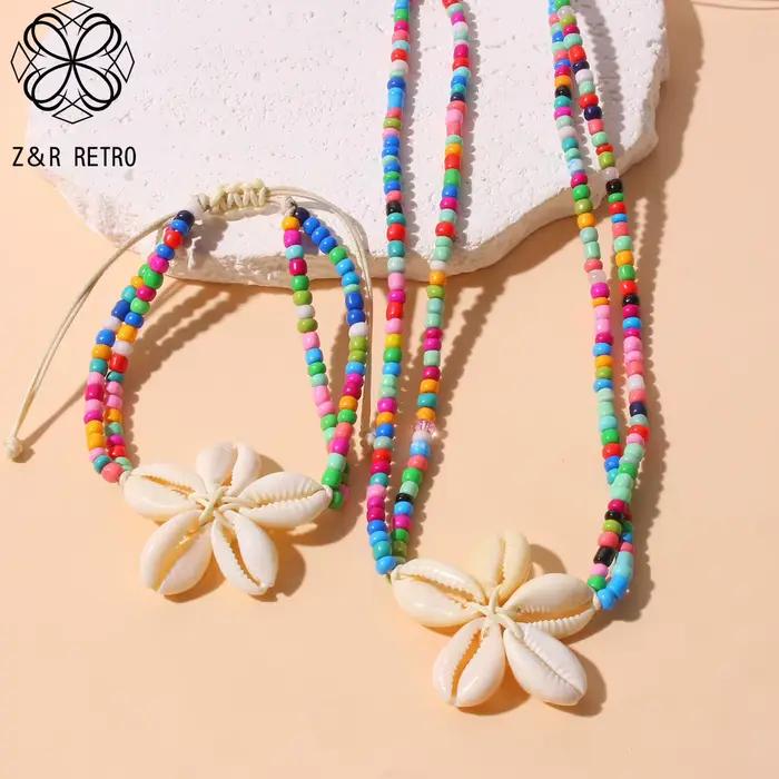 Ensemble de bijoux bohème en perles colorées, collier et bracelet, accessoire de mode essentiel pour les vacances d'été, 2025