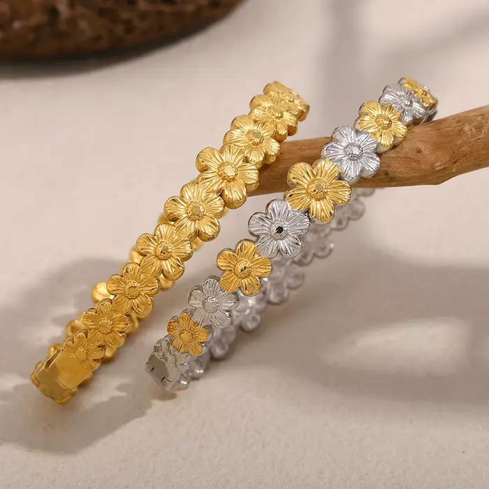 E.B.belle – Mini Bracelet à fleurs ovales Double couleur, plaqué PVD, en acier inoxydable, étanche, accessoires de bijoux pour femmes