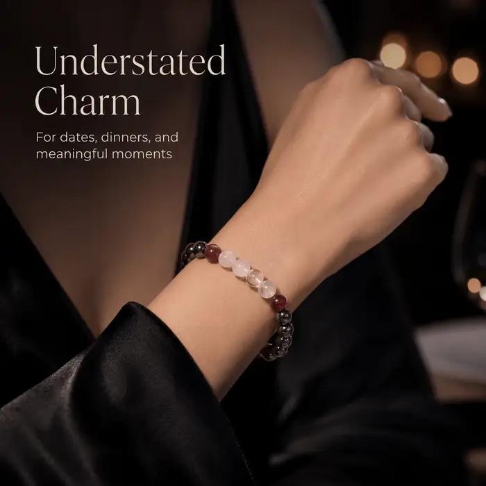 Bracelet de perles rondes noires et roses, bracelet élastique avec accent bordeaux, bijoux perlés simples et brillants, cadeau pour amis, couples, famille