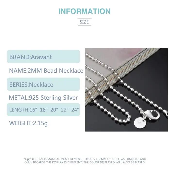 Aravant 925 argent 2MM perle chaîne collier pour femmes mode bijoux cadeaux