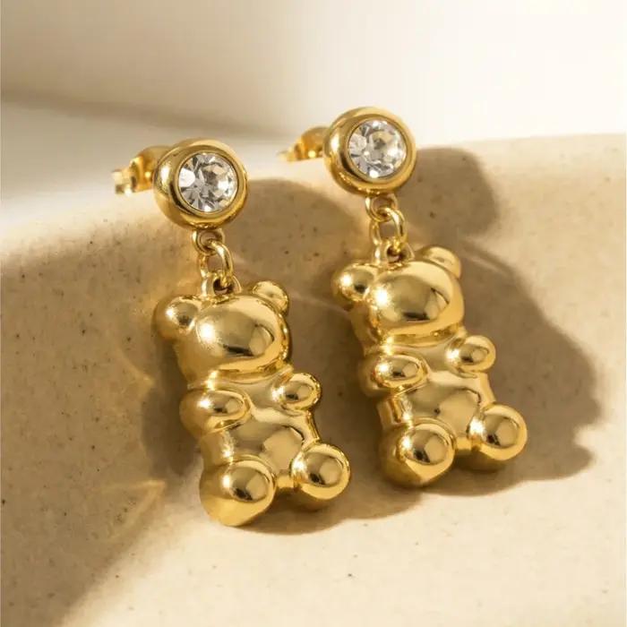 Boucles d'oreilles pendantes en forme d'ours en acier inoxydable plaqué or avec zircon cubique pour femmes pour diverses occasions