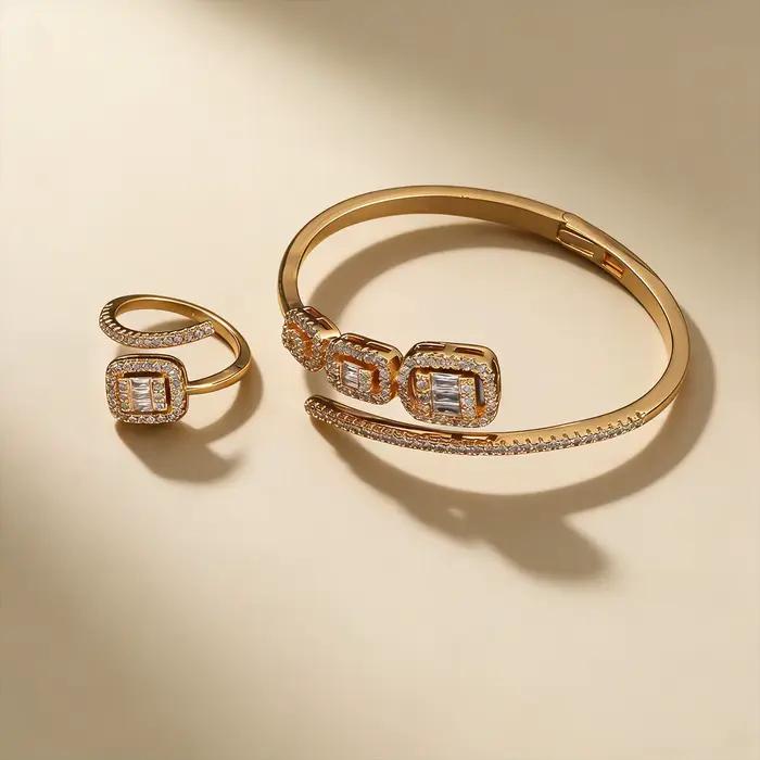 Ensemble de bracelet et bague en zircone cubique avec design or et or jaune clair pour femmes occasions spéciales