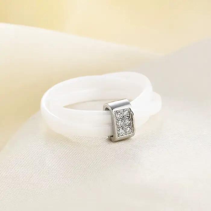 Bague à trois anneaux en céramique noire et blanche sertie de diamants à double rangée de 8MM pour couples