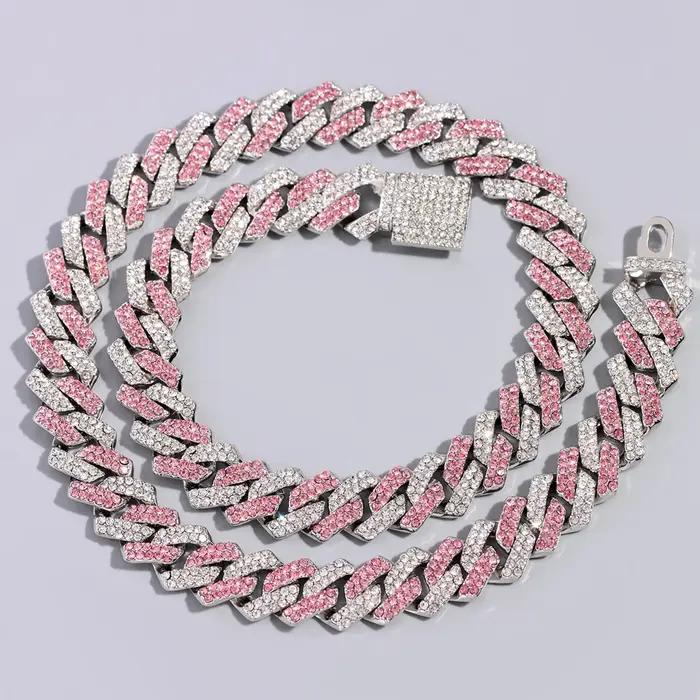Collier chaîne cubaine Hip Hop pour hommes et femmes, chaîne Miami rose et blanche sertie de strass, bijoux unisexes brillants, cadeau