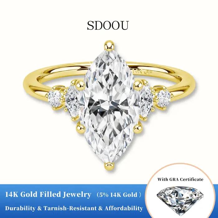 SDOOU Bague de fiançailles en or 14K plaqué or 2 carats avec moissanite taille marquise pour filles