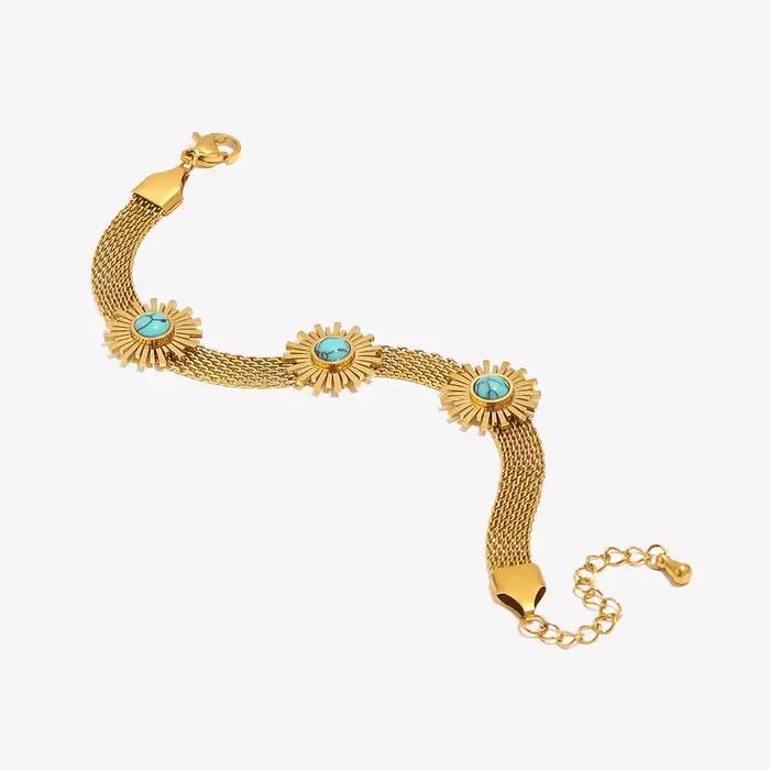 Bracelet en maille tissée bleu turquoise avec motif tournesol pour femmes occasions estivales et élégantes