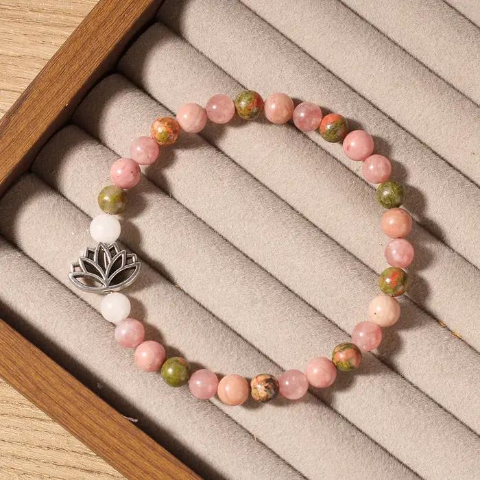 Bracelet Chakra pour femmes, quartz rose, cristal de quartz rose, pierre naturelle, bijoux de guérison avec charme de lotus, cadeau pour femmes
